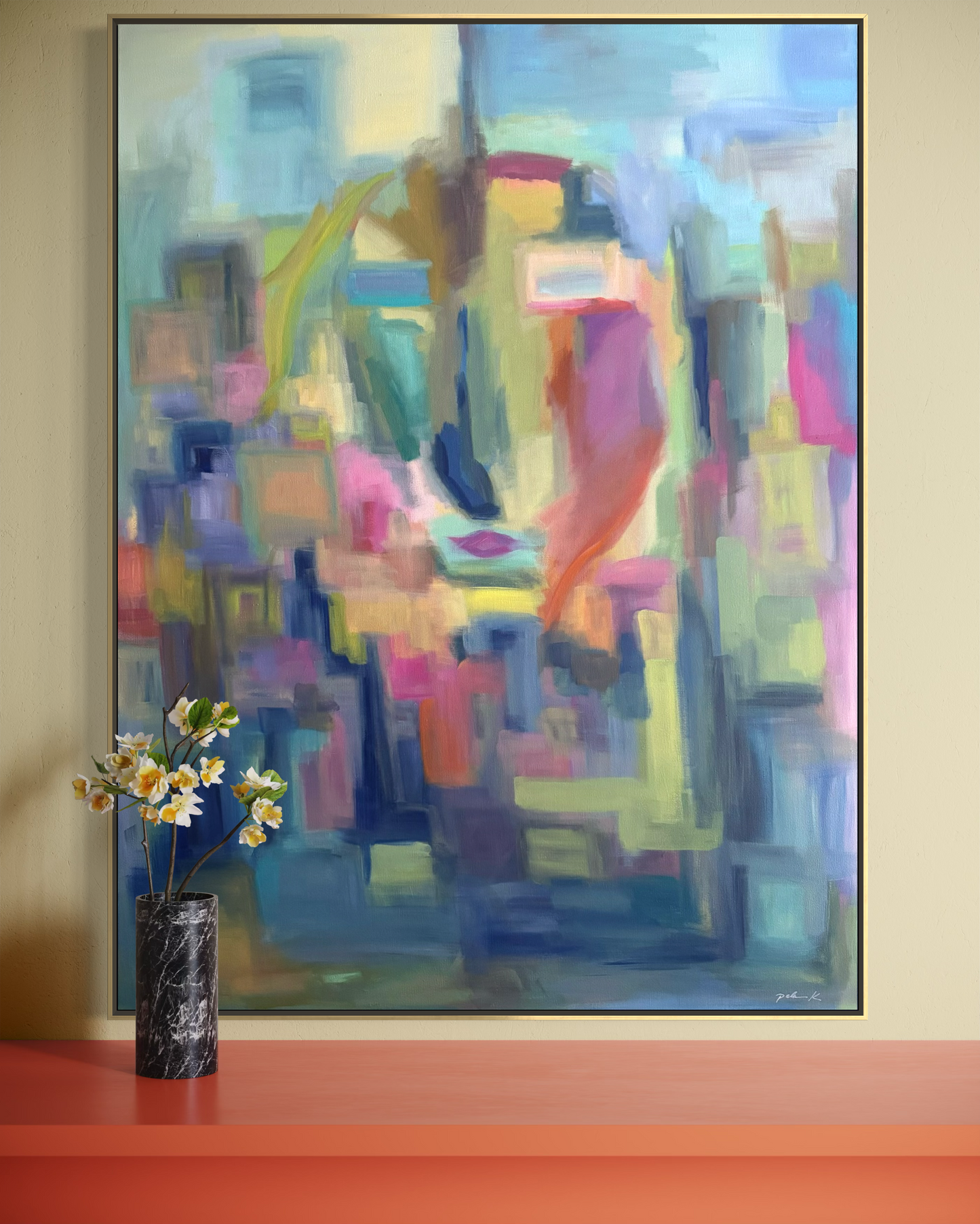 Summer’s Kiss is an original 40 x 40 contemporary landscape painting that brings warmth, color, and atmosphere to sophisticated interiors.  Shown here in a thoughtfully designed living space, this original fine art painting creates a striking foal point while complementing modern, transitional, and luxury home decor.  Inspired by the sensory richness of summer and viewed through a reflective pane of glass, Summer’s Kiss invites moments of nostalgia, connection, and a quiet reflection. 