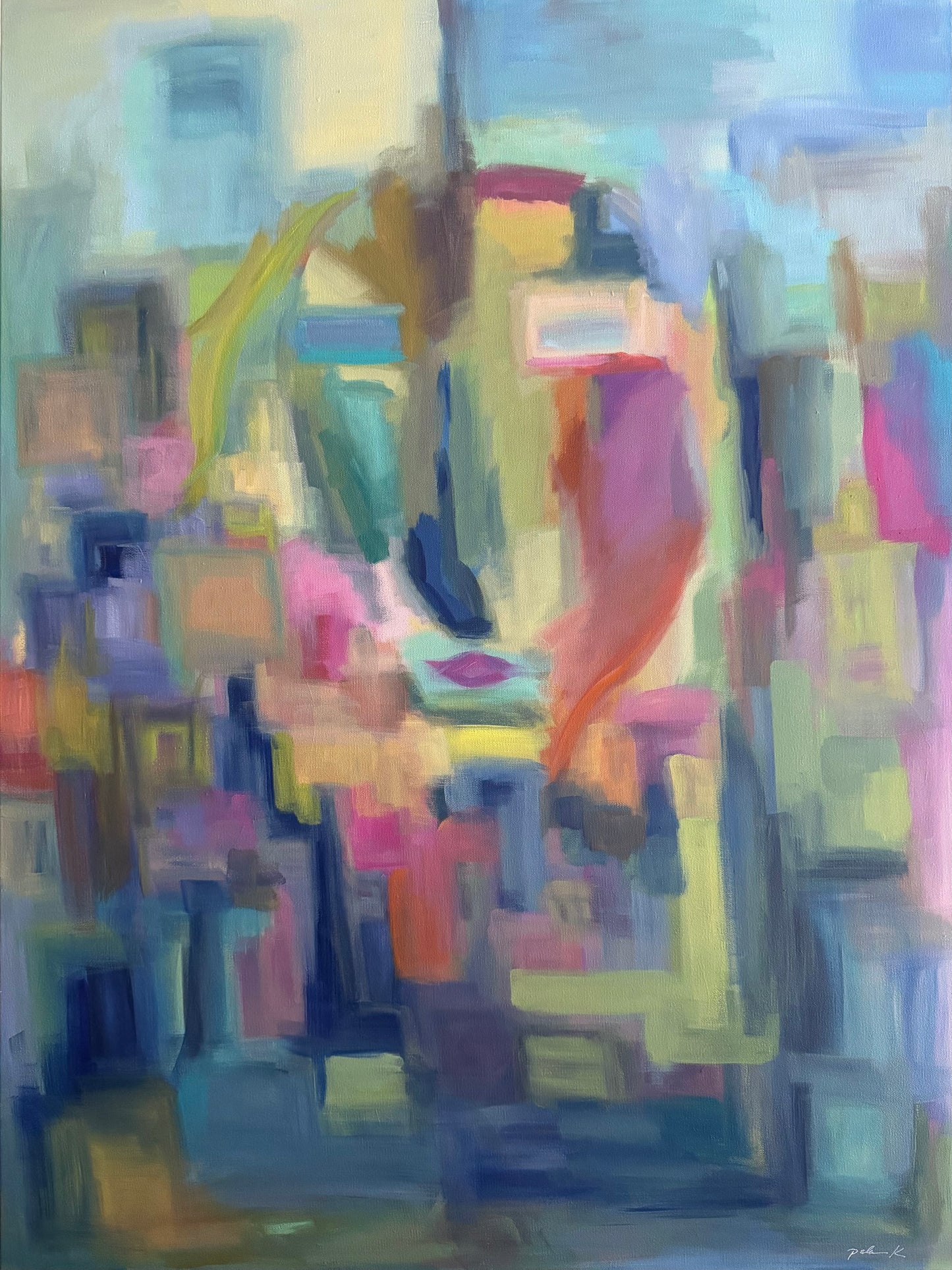 Summer’s Kiss is an original 40 x 40 contemporary landscape painting that brings warmth, color, and atmosphere to sophisticated interiors.  Shown here in a thoughtfully designed living space, this original fine art painting creates a striking foal point while complementing modern, transitional, and luxury home decor.  Inspired by the sensory richness of summer and viewed through a reflective pane of glass, Summer’s Kiss invites moments of nostalgia, connection, and a quiet reflection. 