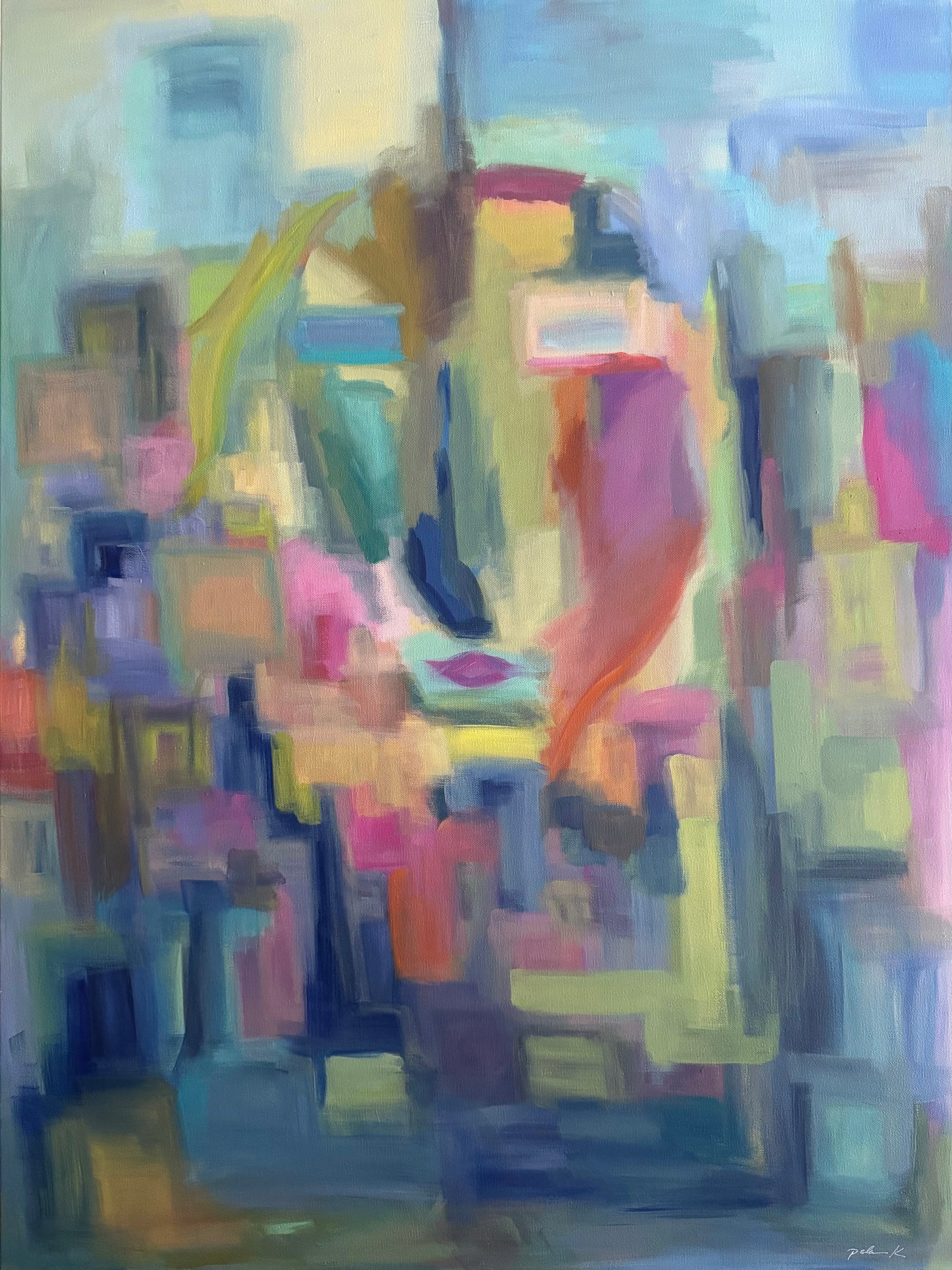 Summer’s Kiss is an original 40 x 40 contemporary landscape painting that brings warmth, color, and atmosphere to sophisticated interiors.  Shown here in a thoughtfully designed living space, this original fine art painting creates a striking foal point while complementing modern, transitional, and luxury home decor.  Inspired by the sensory richness of summer and viewed through a reflective pane of glass, Summer’s Kiss invites moments of nostalgia, connection, and a quiet reflection. 