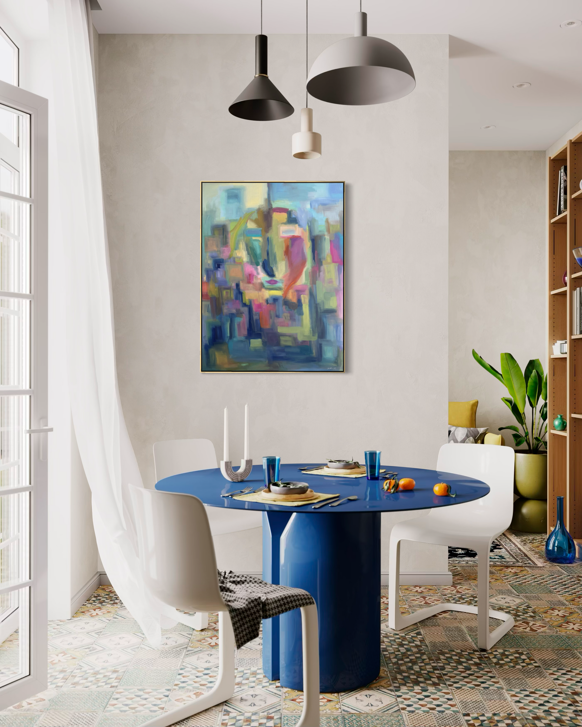 Summer’s Kiss is an original 40 x 40 contemporary landscape painting that brings warmth, color, and atmosphere to sophisticated interiors.  Shown here in a thoughtfully designed living space, this original fine art painting creates a striking foal point while complementing modern, transitional, and luxury home decor.  Inspired by the sensory richness of summer and viewed through a reflective pane of glass, Summer’s Kiss invites moments of nostalgia, connection, and a quiet reflection. 