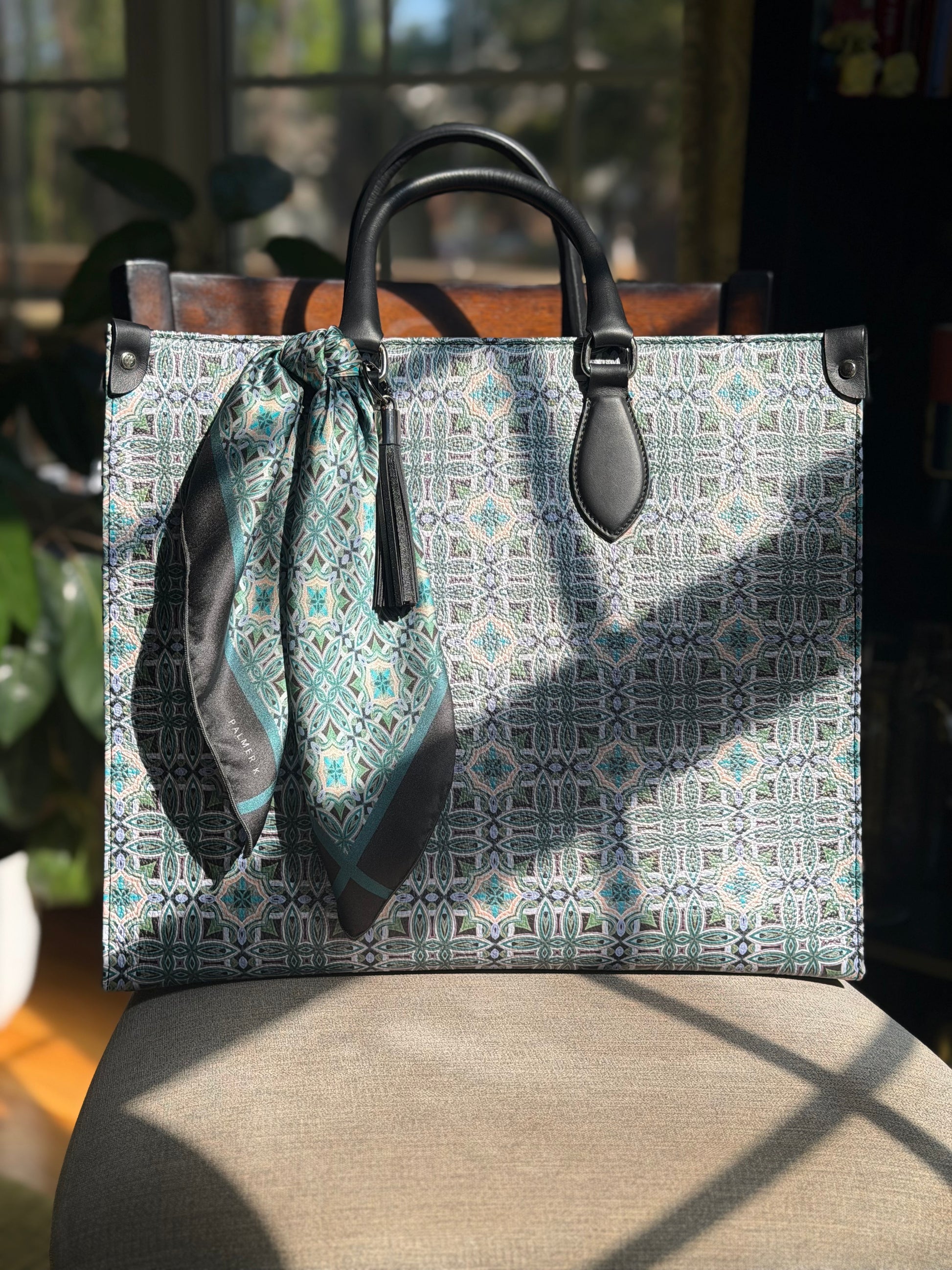 Full view of the Atelier Tote luxury Nappa leather handbag featuring exclusive fine art pattern design, soft structured silhouette, limited edition designer tote by PALMER K Designs
