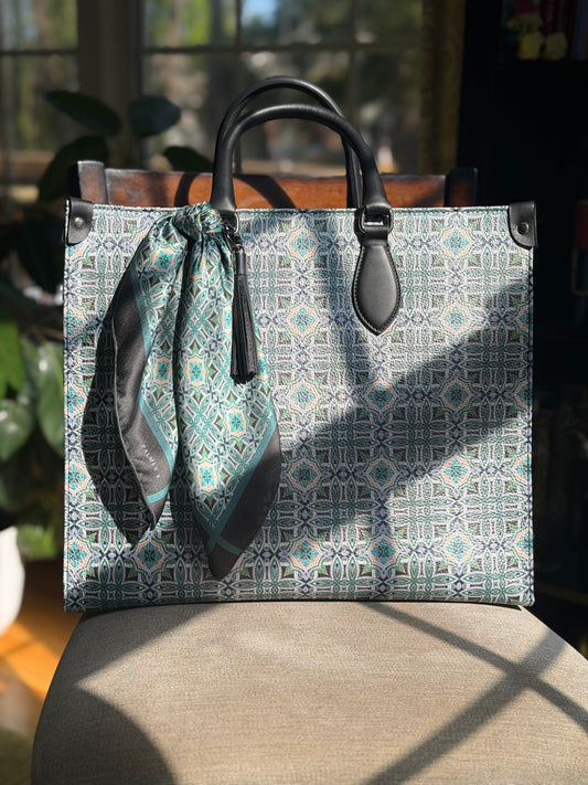 Full view of the Atelier Tote luxury Nappa leather handbag featuring exclusive fine art pattern design, soft structured silhouette, limited edition designer tote by PALMER K Designs