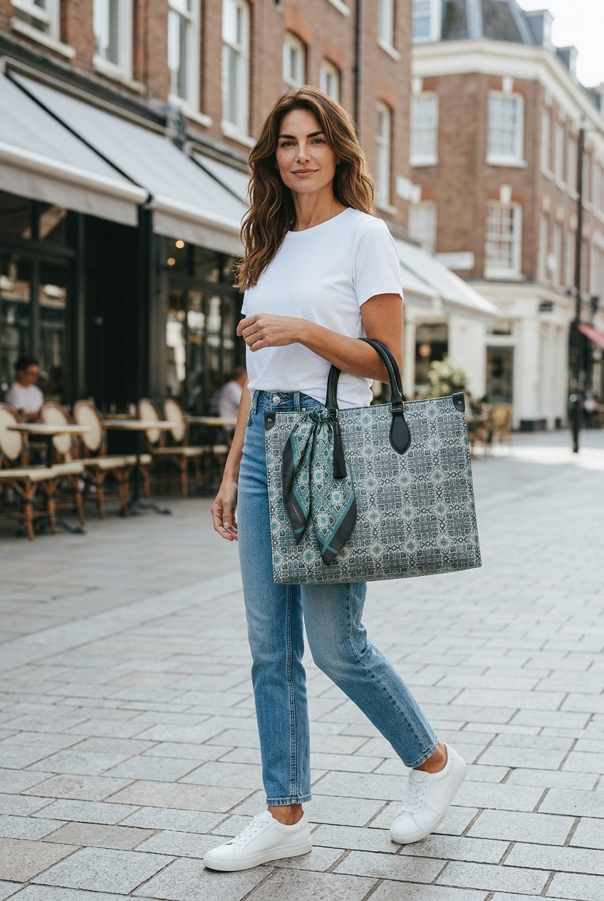 The Atelier Tote limited edition luxury tote bag styled on model, showcasing elegant everyday wear, soft silhouette, and fine art inspired design
