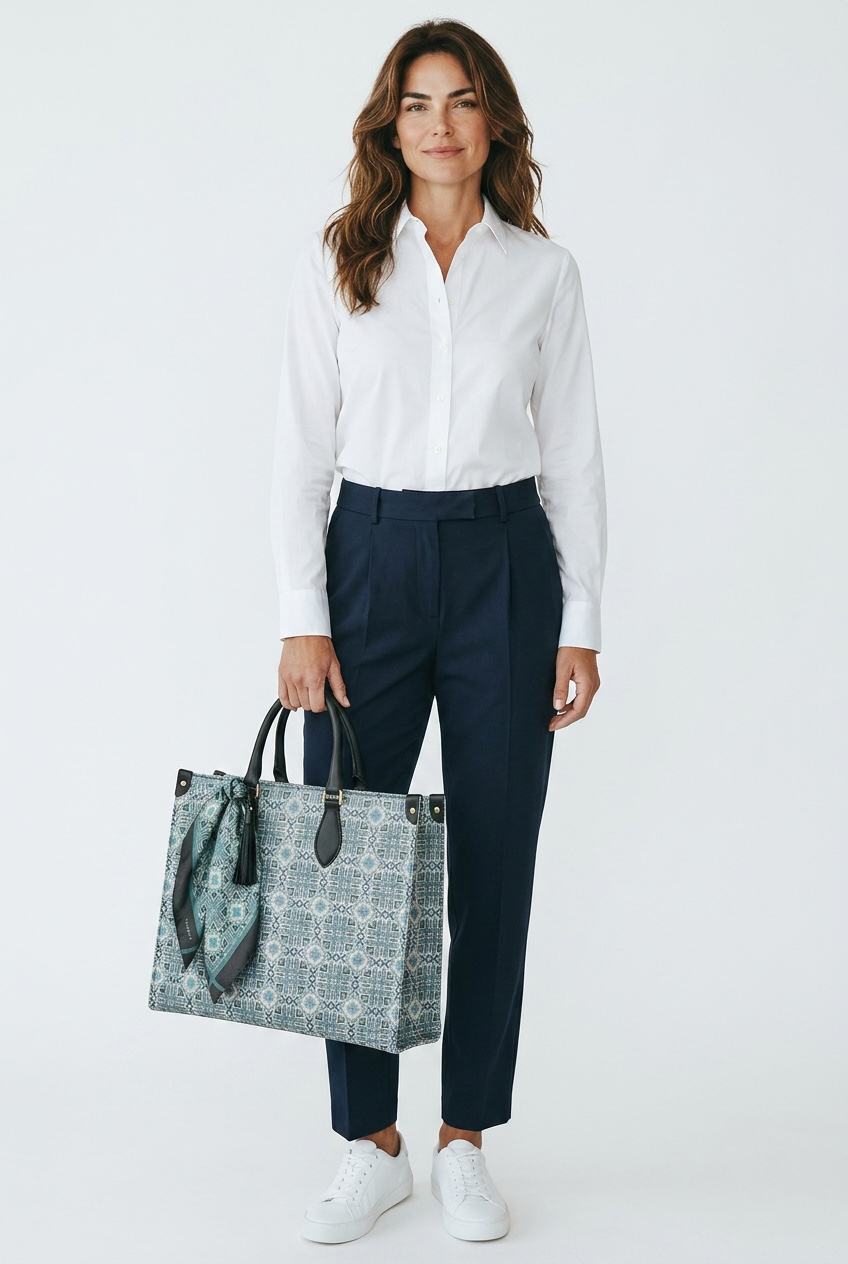 The Atelier Tote limited edition luxury tote bag styled on model, showcasing elegant everyday wear, soft silhouette, and fine art inspired design