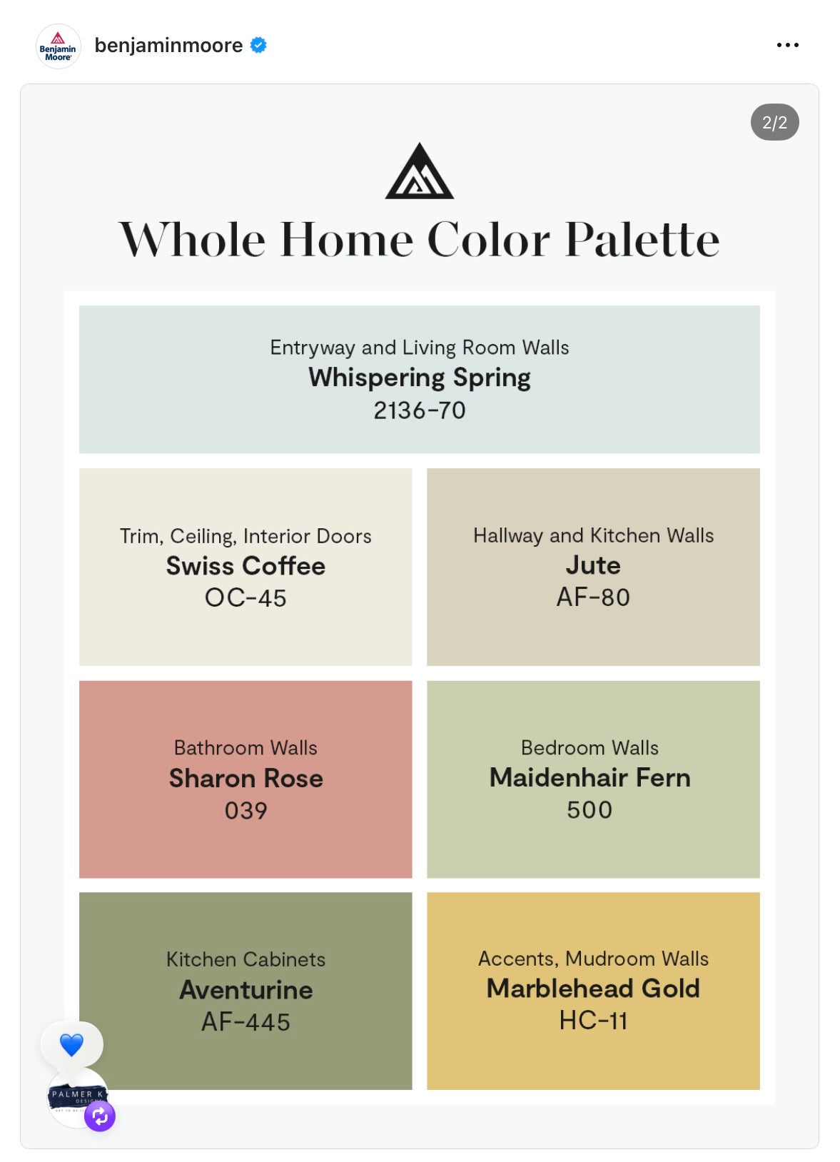 Total home paint color palette by 
Benjamin Moore coordinates beautifully with painting Garden Symphony by Karen Palmer