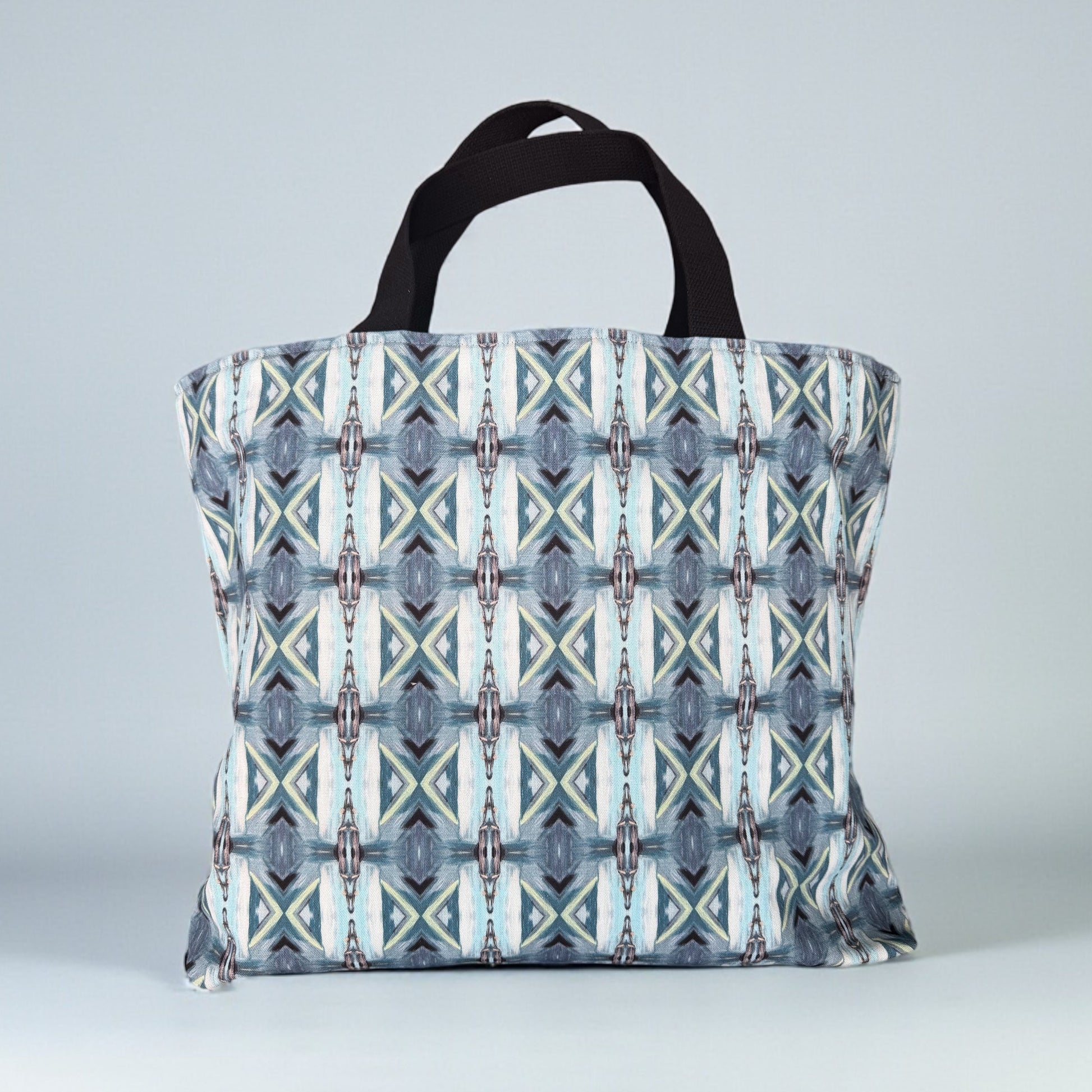 Navy Blue, pale  blue, and green geometric print canvas tote - line with three pockets