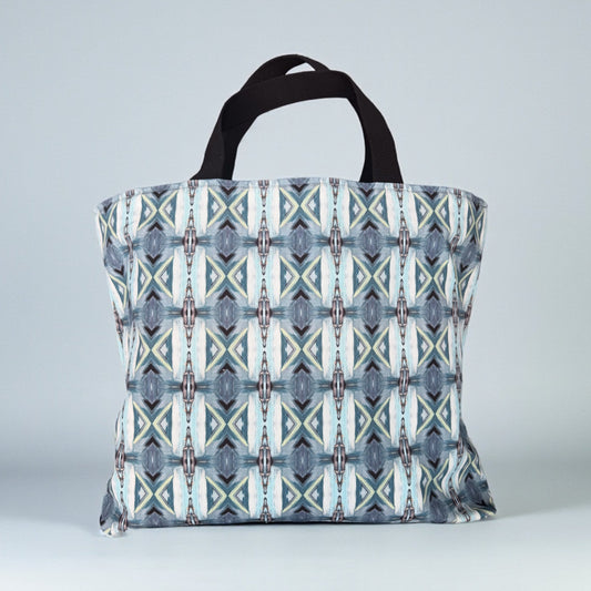 Navy Blue, pale  blue, and green geometric print canvas tote - line with three pockets