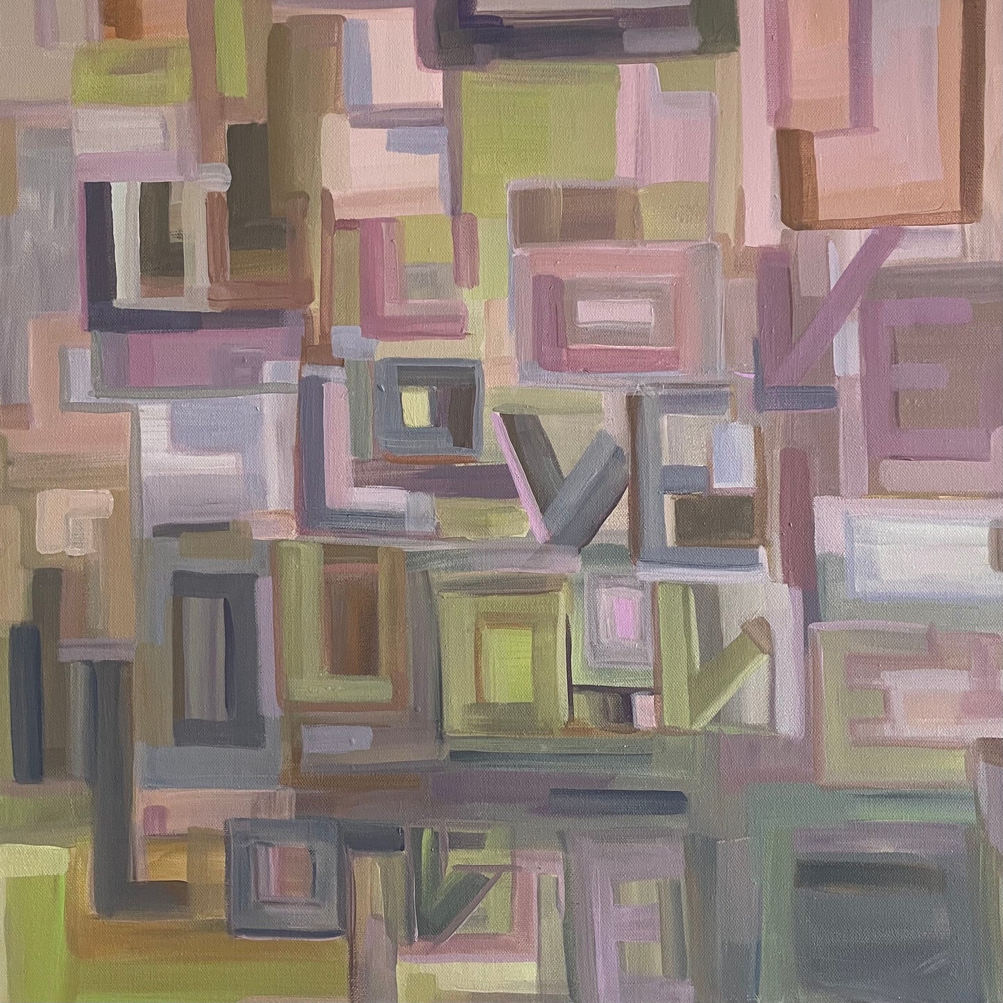 Inspired by Taylor Swift's song "Opalite", this original 20x20 acrylic painting by Karen Palmer, captures the rhythm and radiance of love through layered color, texture, and lyrical repetition. &nbsp;The word LOVE dances across the canvas like a visual melody - a timeless reminder that harmony lives in the spaces between.

Painted on gallery-wrapped canvas, this statement piece brings modern warmth and emotional depth to any curated interior. &nbsp;Perfect for collectors and design-forward spaces seeking ar