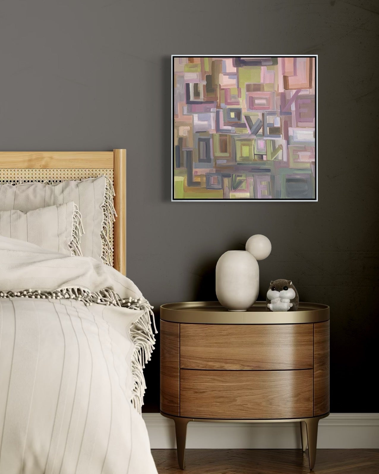 Inspired by Taylor Swift's song "Opalite", this original 20x20 acrylic painting by Karen Palmer, captures the rhythm and radiance of love through layered color, texture, and lyrical repetition. &nbsp;The word LOVE dances across the canvas like a visual melody - a timeless reminder that harmony lives in the spaces between.

Painted on gallery-wrapped canvas, this statement piece brings modern warmth and emotional depth to any curated interior. &nbsp;Perfect for collectors and design-forward spaces seeking ar