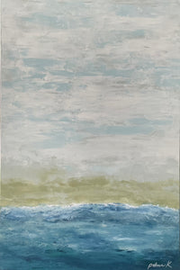 Original fine art abstract oceanscape in blues and greens featuring a cloudy sky by Karen Palmer  24 x 36 acrylic on 1.5" deep high quality gallery wrapped canvas.  Comes unframed with D rings and wire on back, ready to hang.   