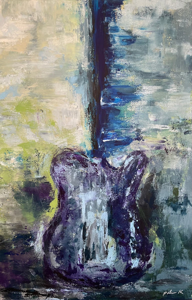 An original fine art abstract painting of a Fender Telecaster Guitar in blue, green and purple