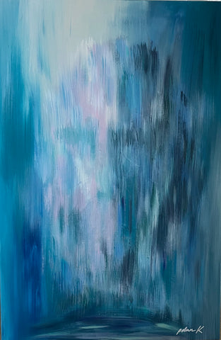 Original abstract painting by Karen Palmer. image of subtle hidden face.  colors of blue white and pink acrylic on 24x26 gallery wrapped canvas