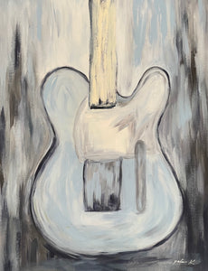 an fine art painting by Karen Palmer of a blue telecaster guitar.  acrylic on 128 x 24 strathmore linen finish 400 series paper