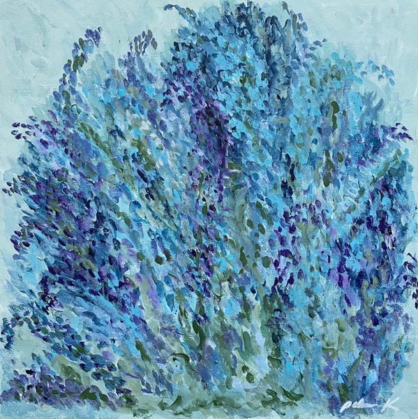 Original 20 x 20 floral abstract painting by Karen Palmer  Acrylic on 1.5" deep gallery wrapped canvas with protective varnish.  Unframed with D-rings and wire on back, ready to hang.
