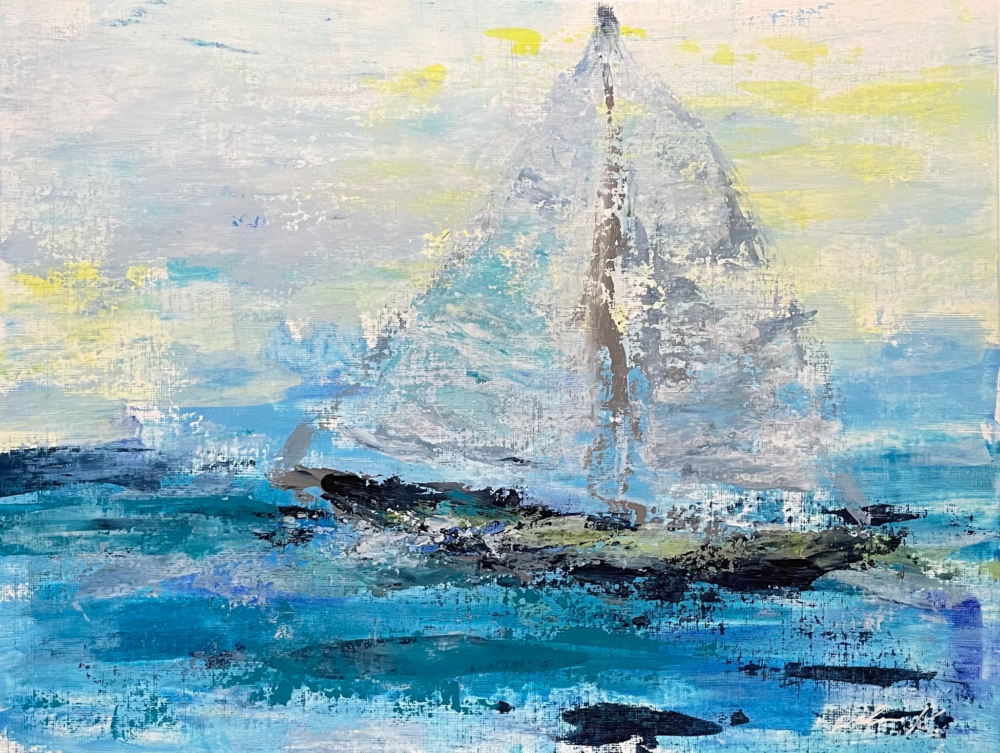 An impressionistic Oceanscape by Karen Palmer featuring a single sailboat  12 x 17 acrylic on 12 x 18 Strathmore 400 series linen finish paper with protective varnish  Unframed, signed on front.  Signed and titled on back      "Come Sail Away" © Karen Palmer.  All rights reserved.