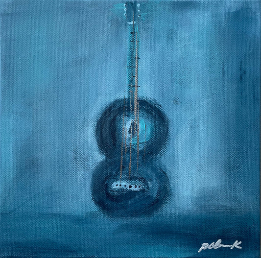 original fine art abstract painting by Karen Palmer of acoustic guitar. acrylic on 8x8 gallery wrapped canvas