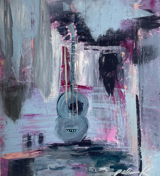 An abstract painting of a Martin acoustic guitar Original 9 x 12 acrylic on Strathmore 400 series linen finish paper Matted in acid free 11 x 14 white matte, framed in white wood frame Signed. D rings and wire on back ready to hang.  "Space Wrangler" #guitarart #fineart #guitarpainting #guitarfineart #musicdecor
