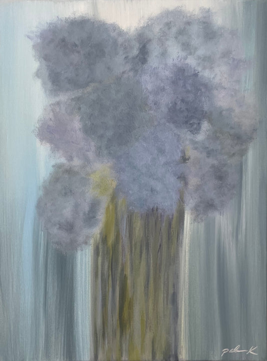 An original fine art painting by Karen Palmer of Hydrangeas in a vase.  colors of purple, blue and green