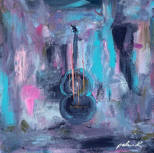 Original 8x8 abstract guitar painting on canvas featuring moody blue, teal and violet tones.  A unique music inspired artwork for collectors and homes.